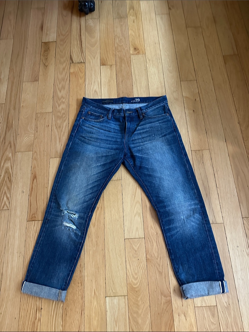 J. Crew ~ Selvedge Women's Boyfriend Jeans in Dark Blue Distressed Denim